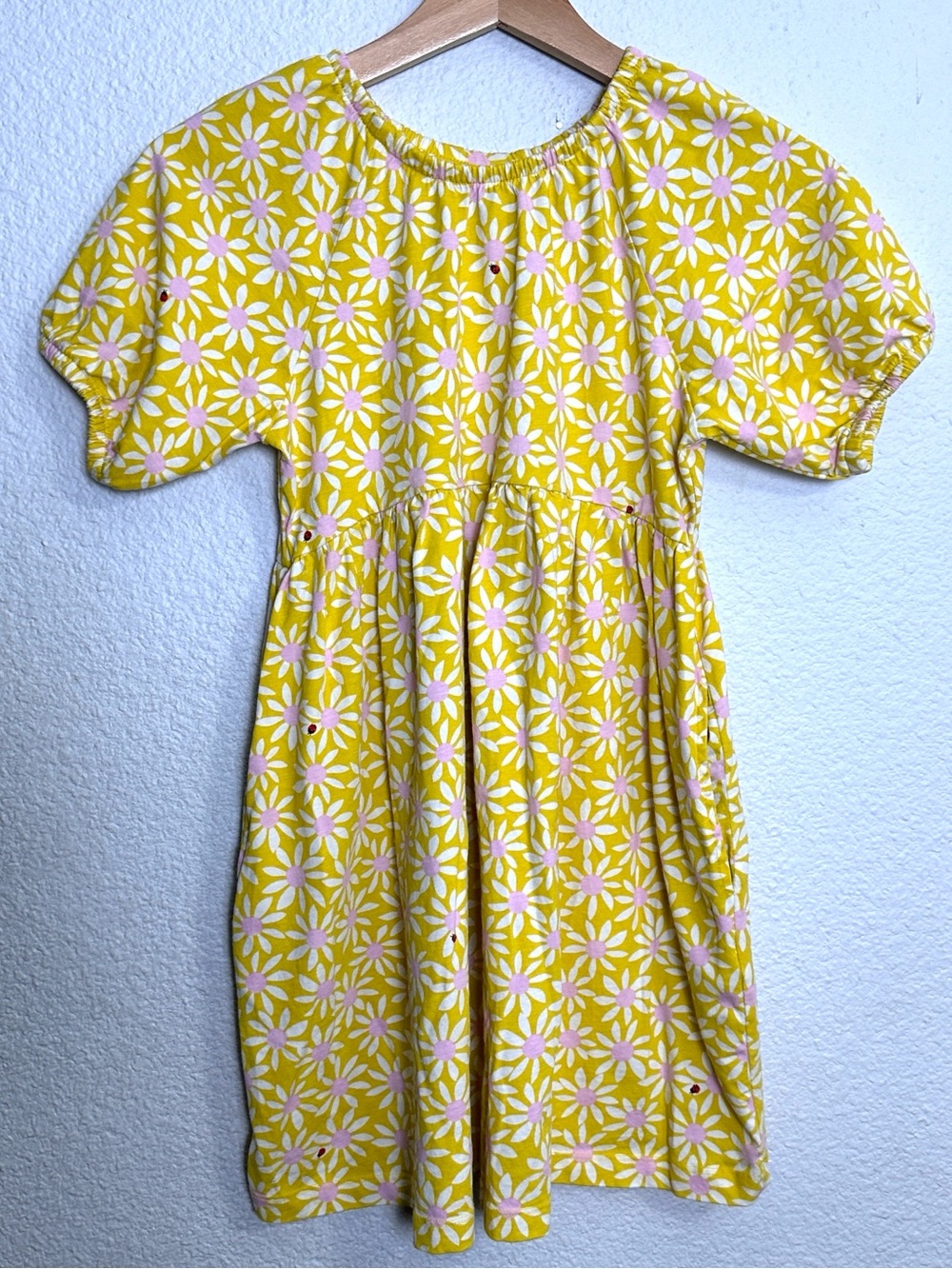 Hanna Andersson Cotton Yellow Dress Daisy Ladybug Pockets Youth Girls Size 8